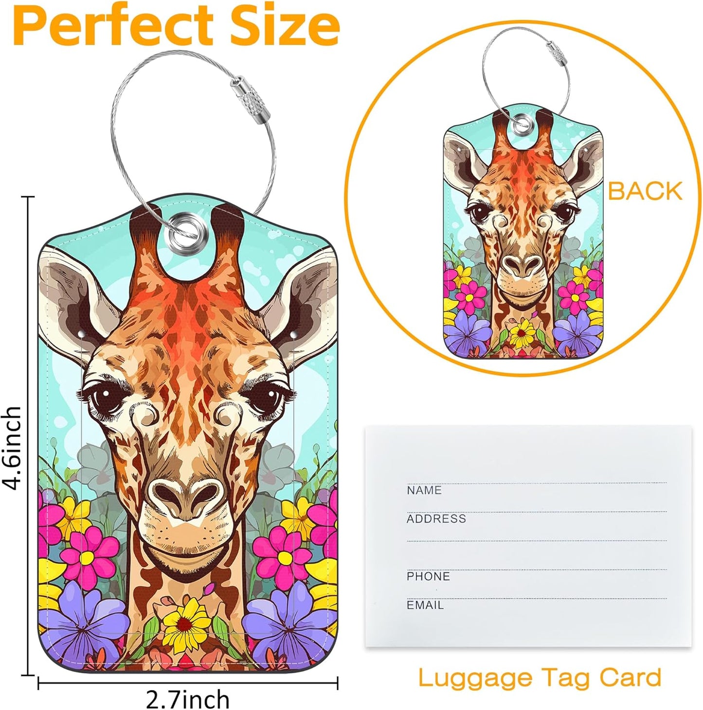 3 Pack PU Luggage Tags for Suitcase, Cute Giraffe Suitcase Tag Leather Privacy Cover ID Label with Stainless Steel Loop for Baggage Handbag School Bag Backpack