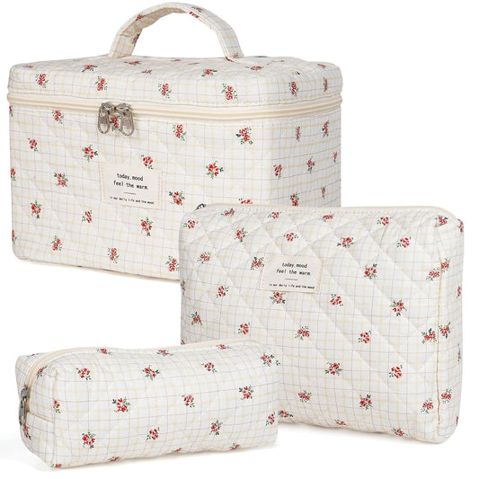 Makeup Bag,Quilted Cosmetic Bags,Large Floral Make Up Organize bag,Makeup Bag Set for Women,Flower Travel Toiletry Bag