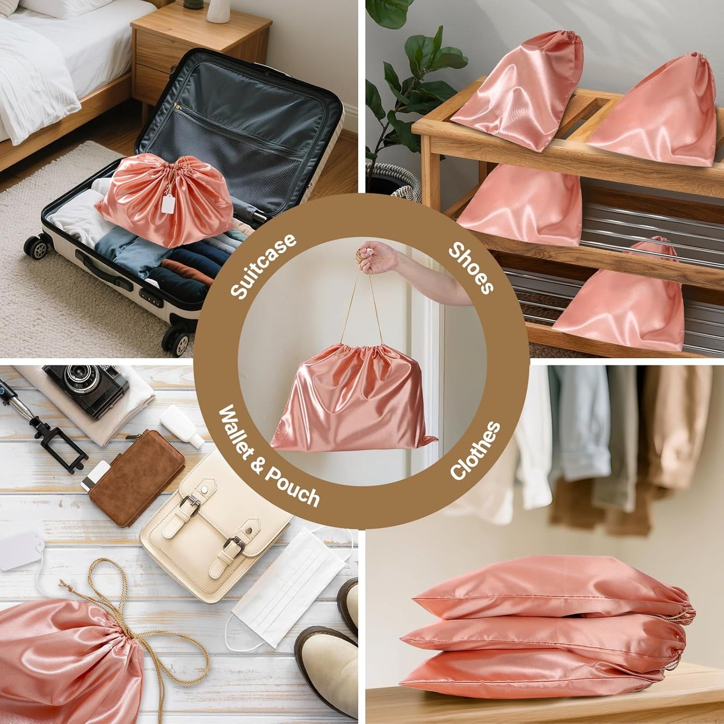 Ewen 7 Pack of Pink Orange Dust Bags for Handbags, 19.6x15.7in Dustproof Satin Purse Bags with Drawstring for Travel, Covers for Shoes and Boots, Silk Bags for Storage, Dust Cover Bag for Garment