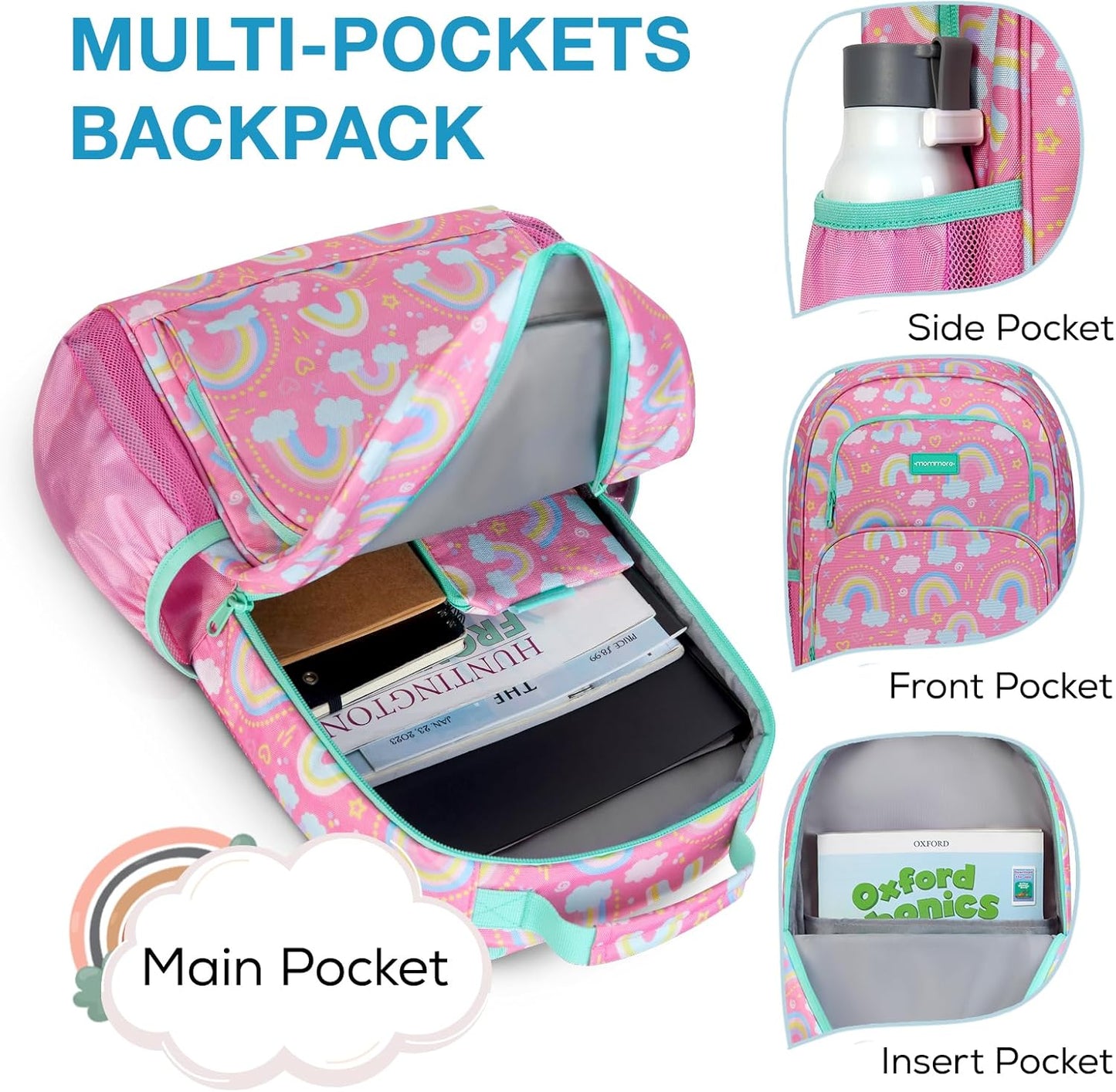 mommore Kids Backpack for Boys Girls Preschool Kindergarten Backpacks Lightweight Elementary School Bookbag with Lunch Box