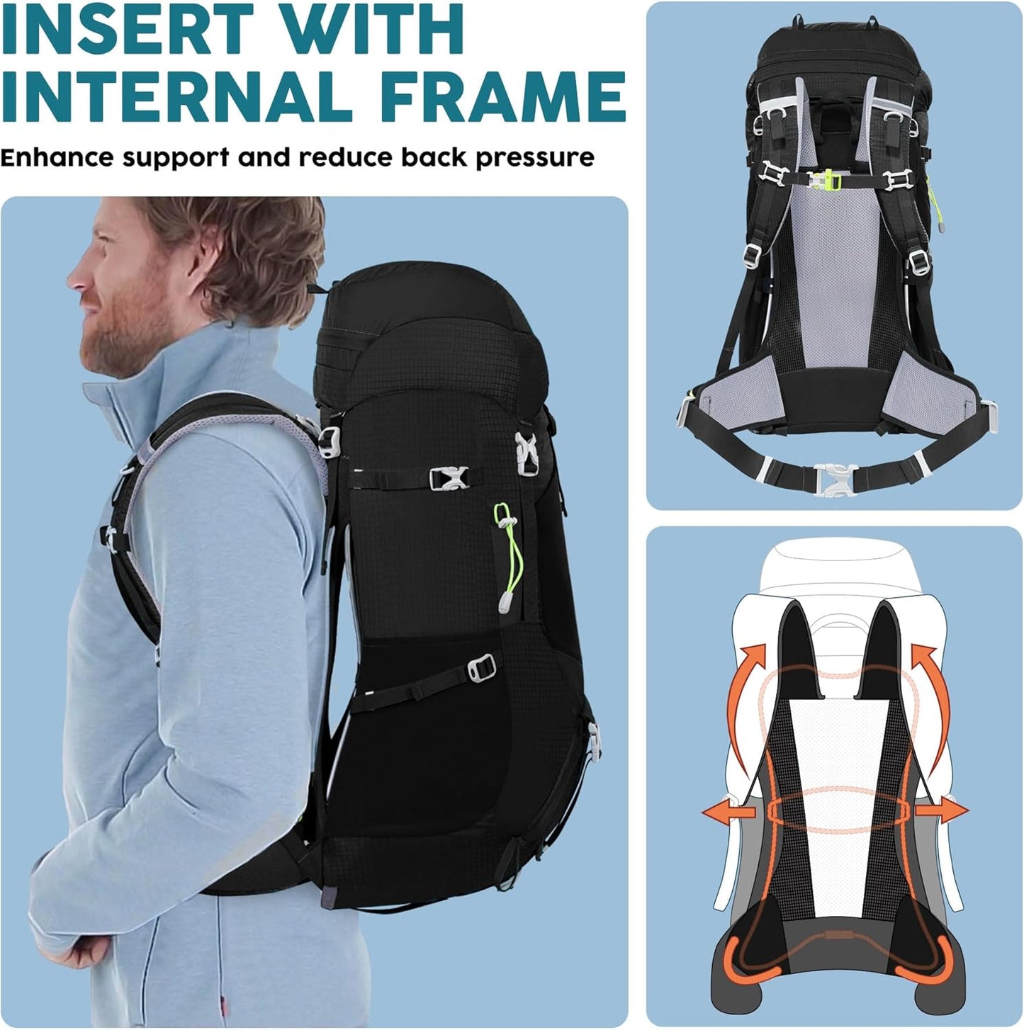 N NEVO RHINO Internal Frame Hiking Backpack 50/60/65/70/80L, Mountain Climbing Camping Backpack Daypack Waterproof Rain Cover