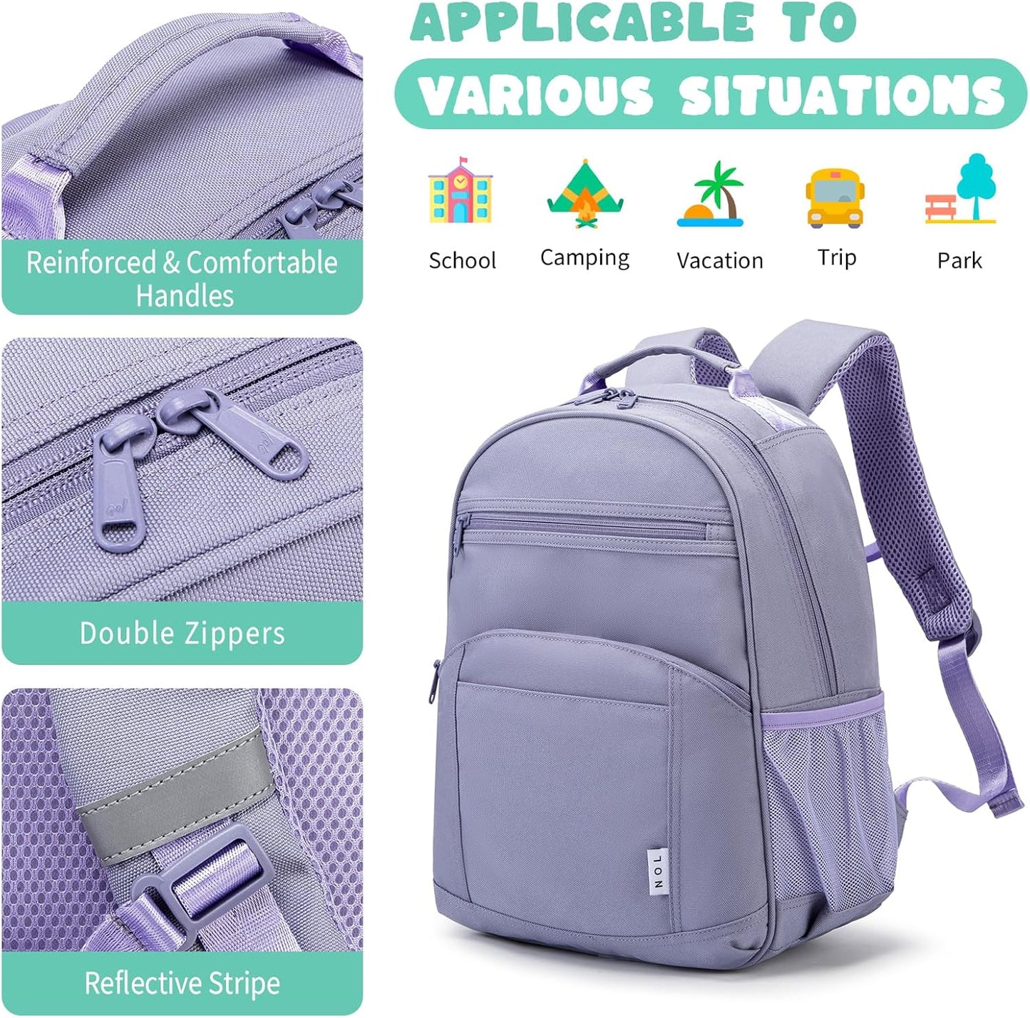 NOL Natural Organic Lifestyle Kids Backpack, School Backpacks for Teens Girls Boys, School Bookbag with Pencil Bag & Reflective Stripe for Elementary School - Light purple