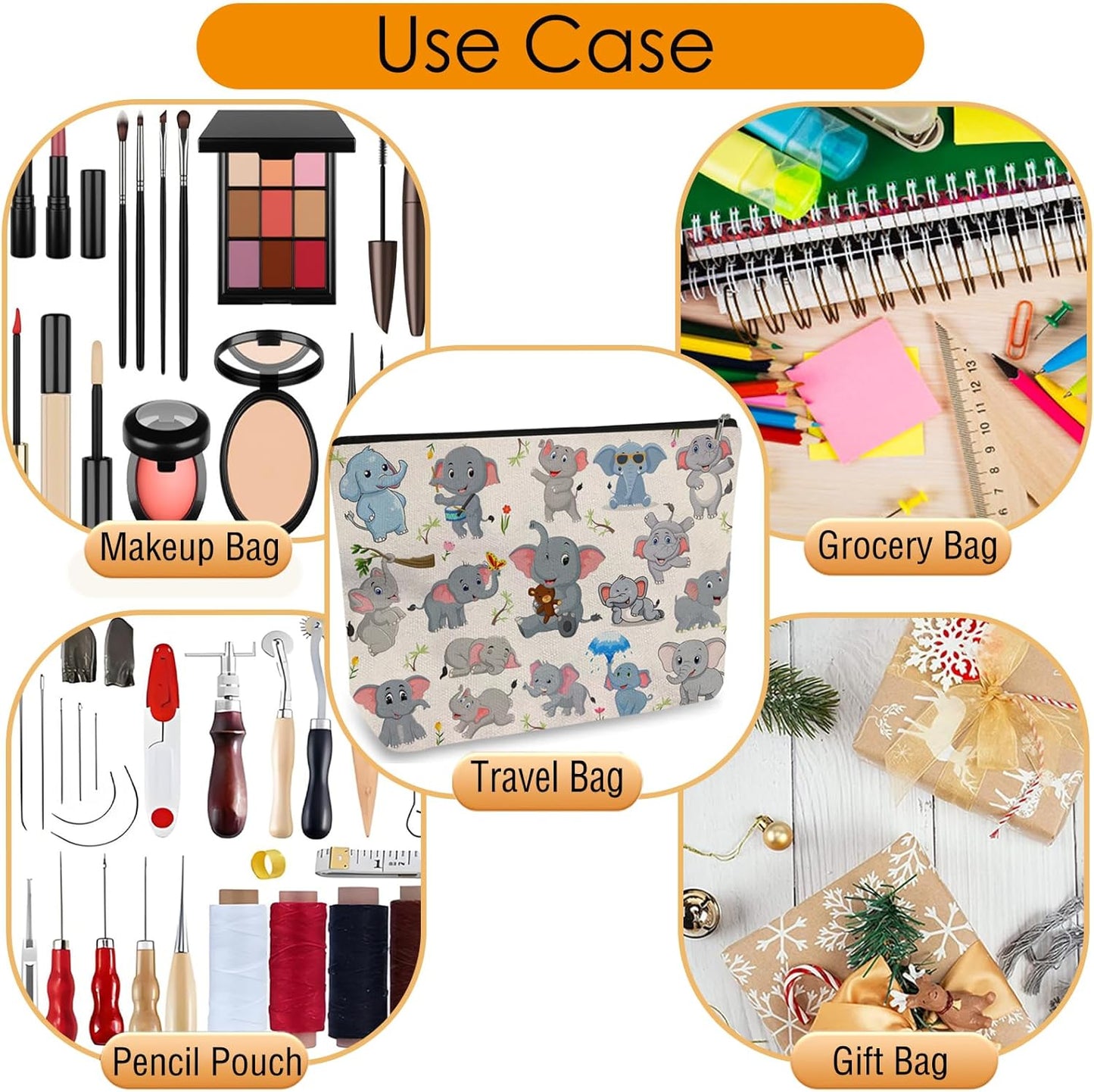 DOOX Elephant Makeup Bags with Lining, Funny Cosmetic Bags Pencil Pouch - Double-Sided Print - Cute Birthday & Christmas Elephant Gifts for Daughter, Sister, Women