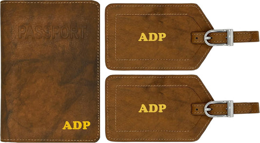 Personalized Monogrammed Antique Saddle Leather RFID Passport Cover Holder and 2 Luggage Tags