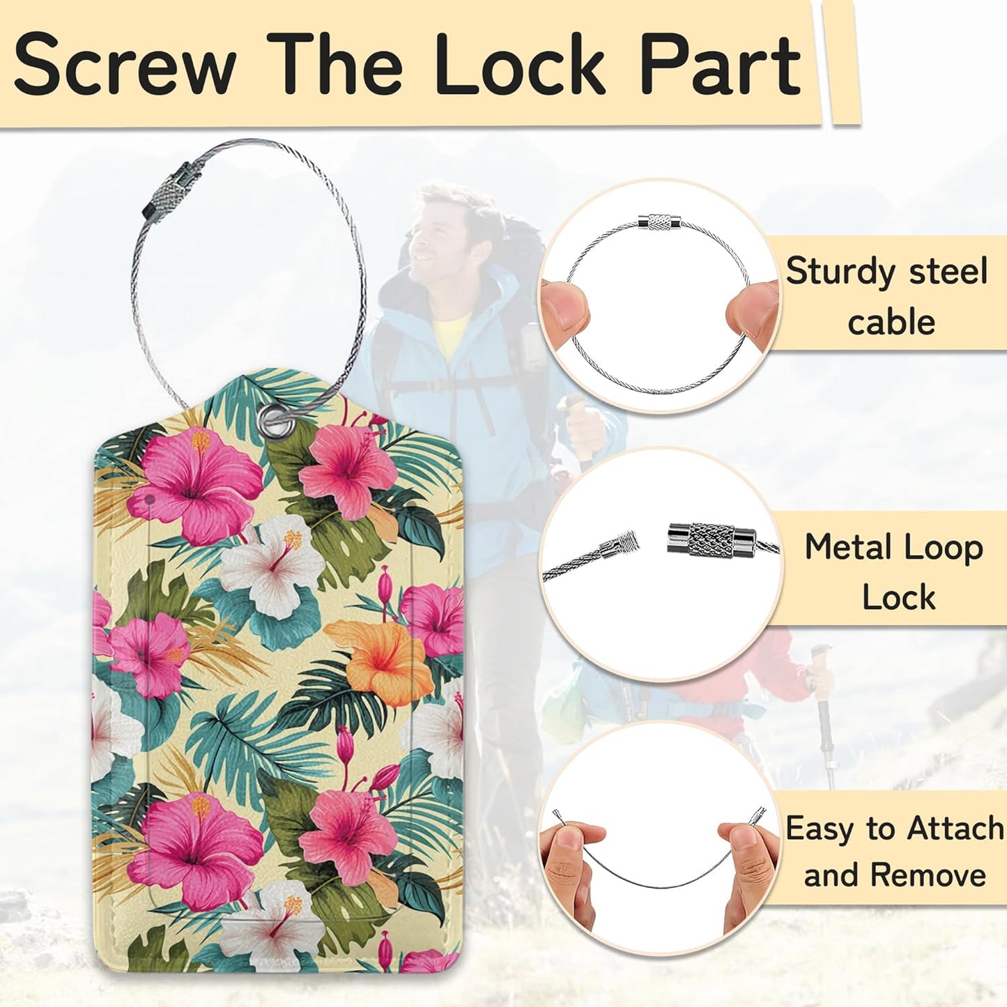 Hawaiian Luggage Tag for Suitcase,Tropical Palm Leaves Design with Privacy Flap Name ID Label Metal Loop, 3 Pack