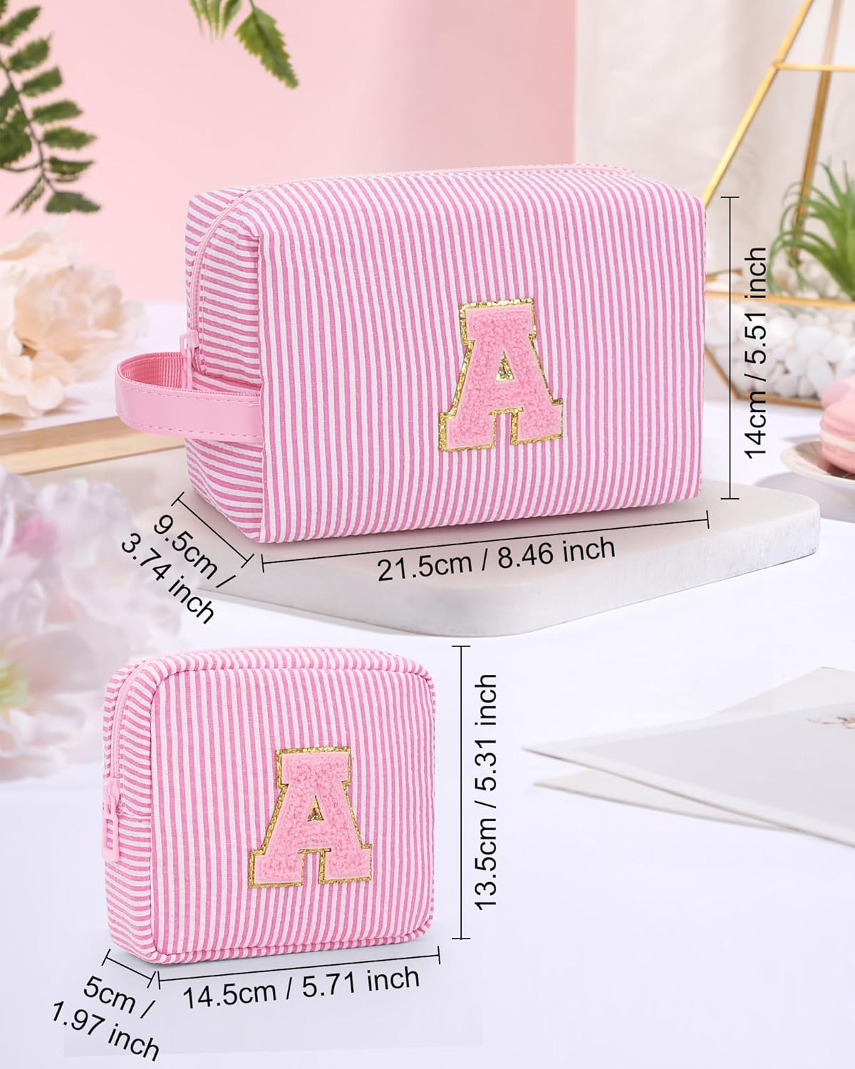MONSTINA Initial Makeup Bag for Women,Make Up Case for Girlfriend Bridesmaid Wife|Personalized Birthday Gift for Her Cute Toiletry Bag,2PCS,Pink K