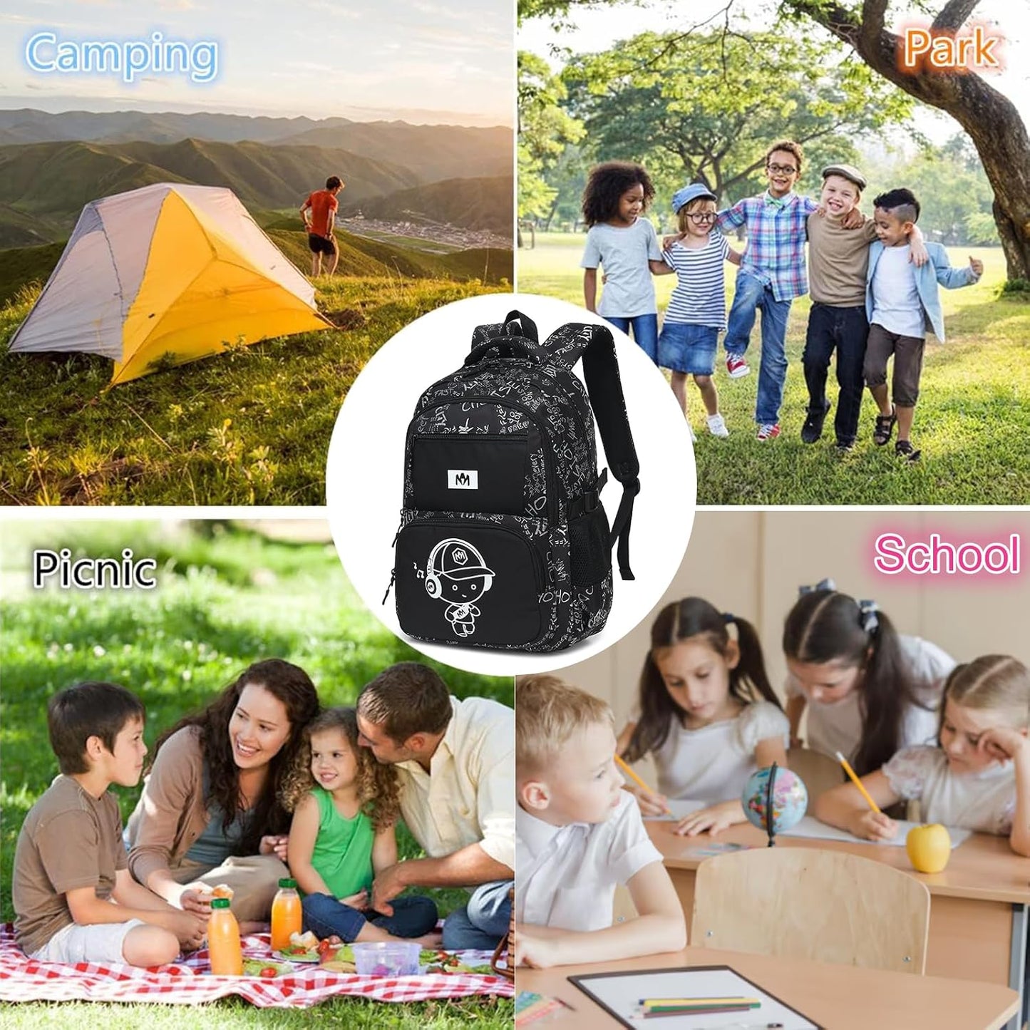 Bluboon Kids Backpack Boys Camo Bookbag Teens Elementary School Bag Daypack Travel Back Pack Middle school (Grey Letter)