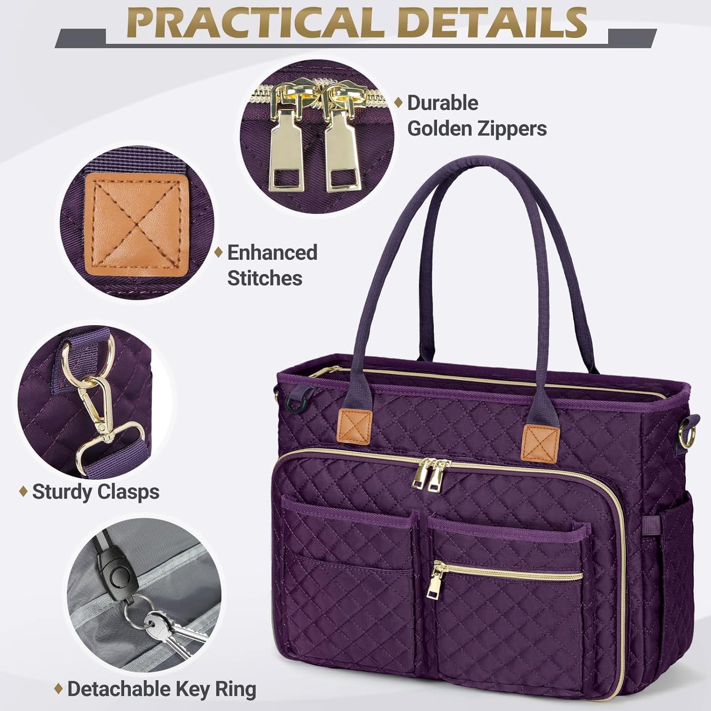 RAINSMORE Teacher Tote Bag 17.3 inch Laptop Bag for Women Work Bags Laptop Tote Nurse Bag Professional Computer Messenger with Insulated Pocket, Laptop Briefcase for Office, College, Dark Purple