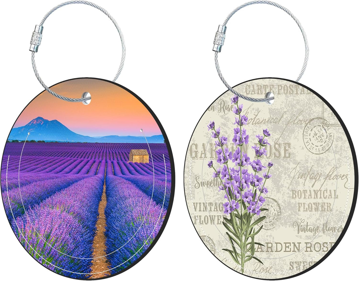 Round Cute Luggage Tags 2 Pack Beautiful Purple Lavender Creative Baggage Tags,Cruise Travel Baggage Suitcases Tag with Stainless Steel Loop ID Tag Privacy Flap