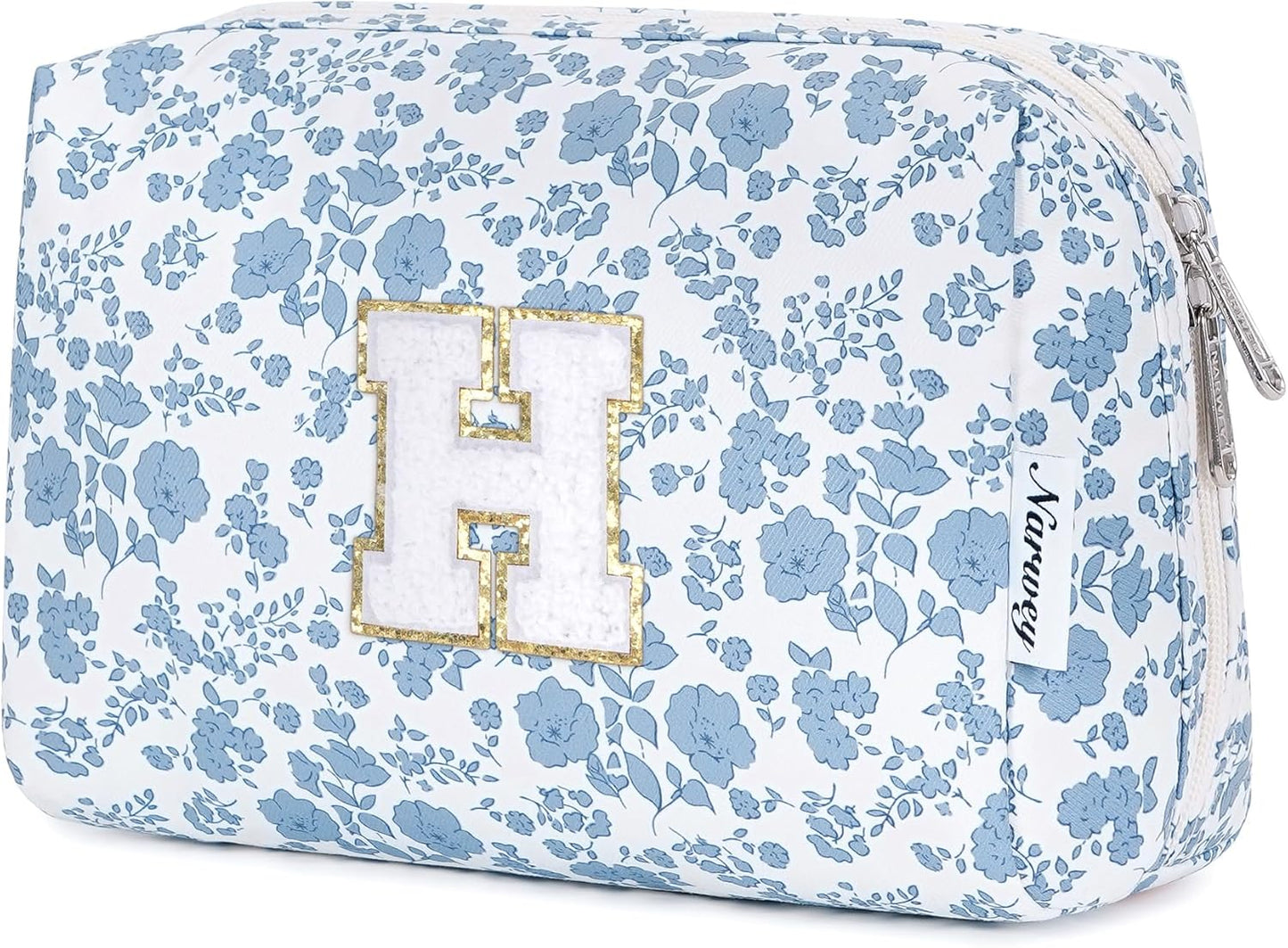 Narwey Birthday Gifts for Teen Girls Kids Women Personalized Initial Floral Makeup Bag Cute Cosmetic Trendy Stuff 6 8 10 11 12 13 14 16 18 Years Old Travel Toiletry Bag (Little Blue Flower H)