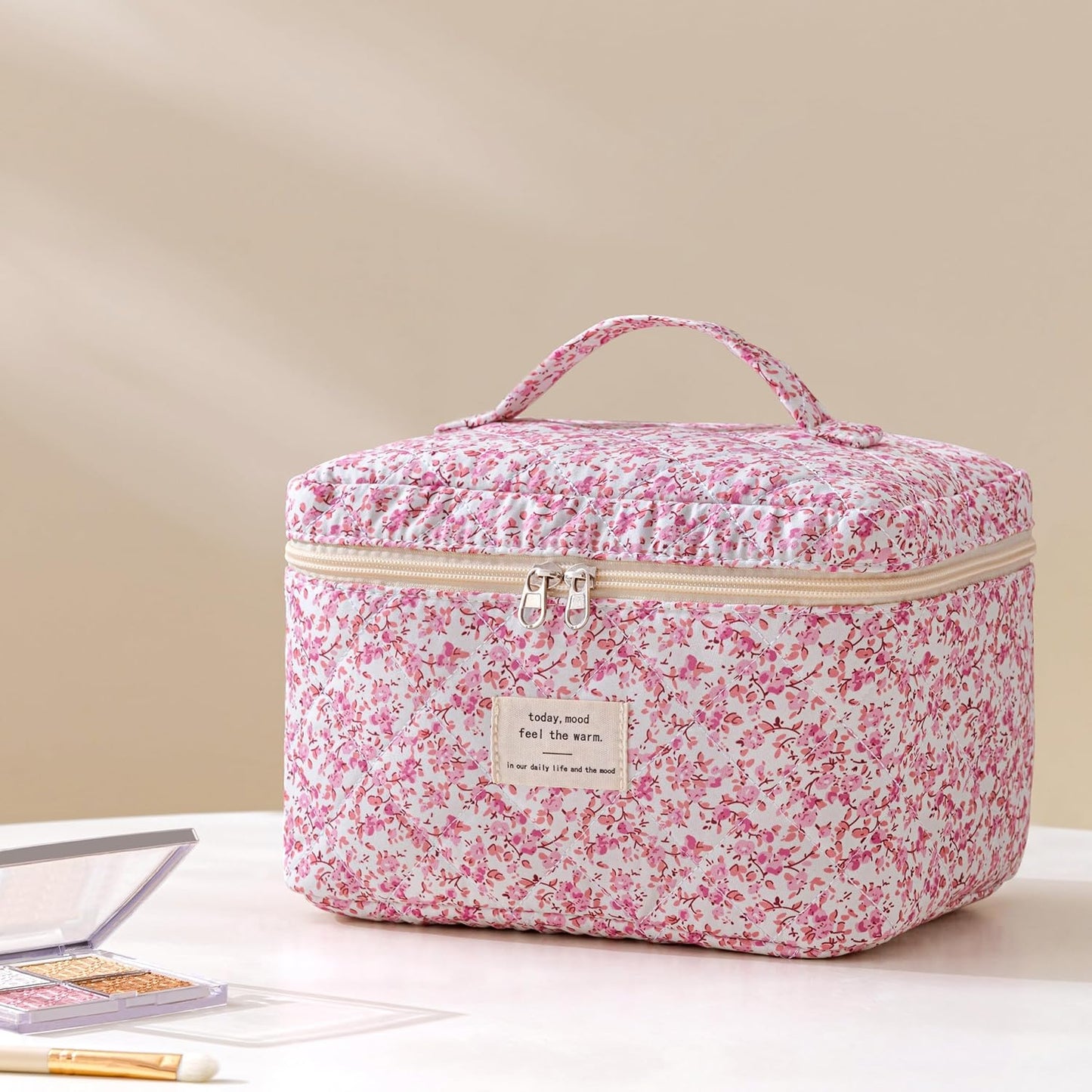 HBselect Quilted Makeup Bag, 3PCS Cotton Large Travel Makeup Bag, Cute Floral Coquette Make up Bag Cosmetic Bag Toiletry Bag for Women Girls