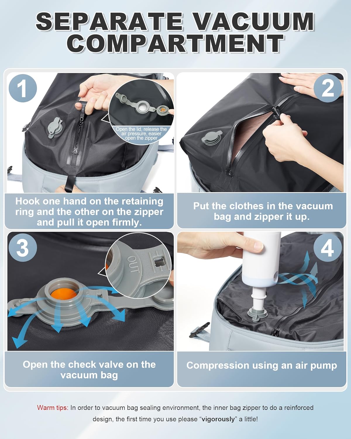 VGCUB Small Travel Vacpack Backpack with Vacuum System Carry on Storage Compression Personal Item Bags with Electric Pump Work Business College Waterproof Backpack for Women Men Blue