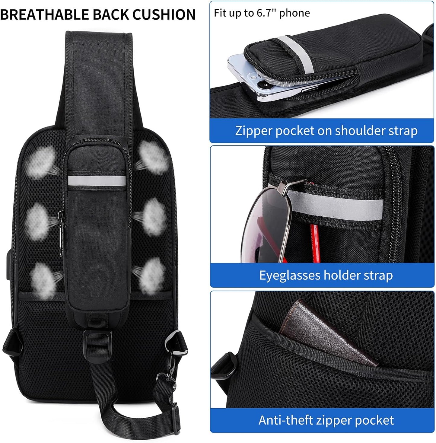 DUSLANG Crossbody Sling Backpacks for Men, Casual Shoulder Backpack Daypack Chest Bags with USB Charger Port For Camping Biking Travel Cycling