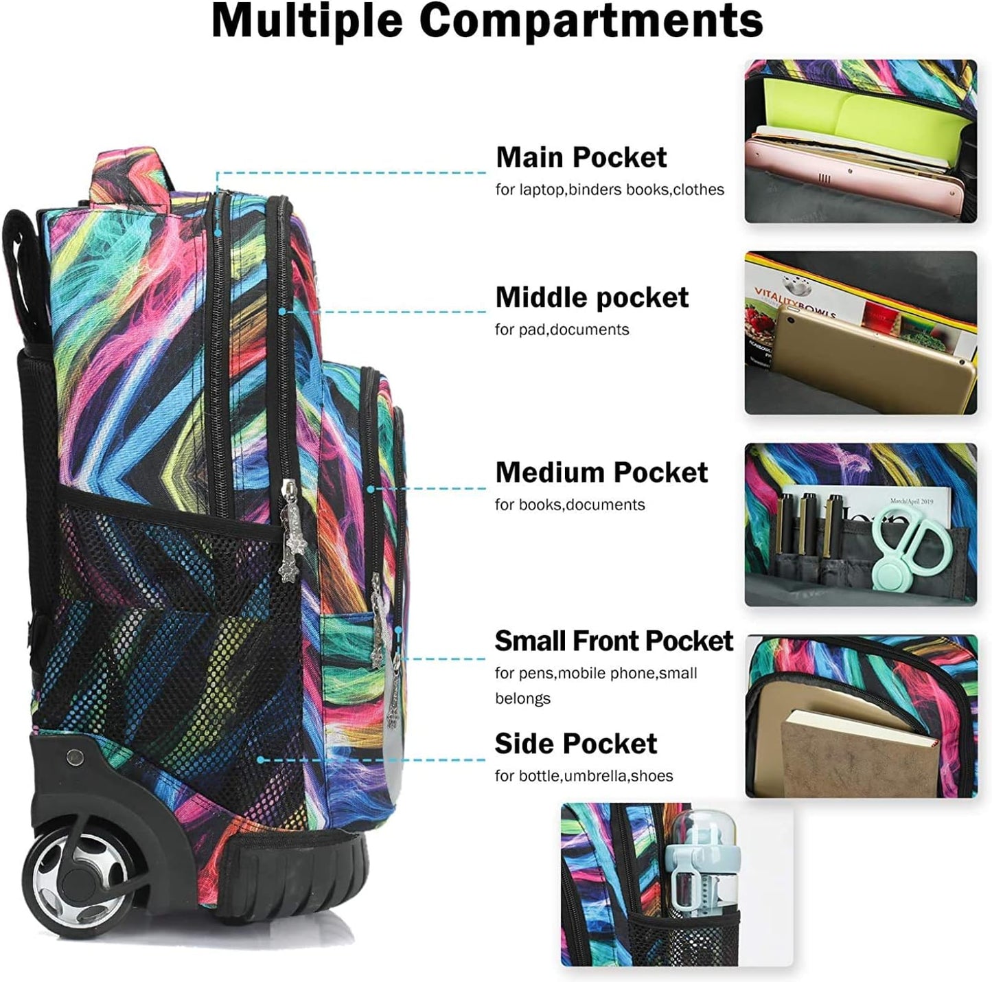 Tilami Rolling Backpack & Lunch bag for Kids 19 Inch Wheeled Bookbag for Boys & Girls for School & Travel,Multi colors