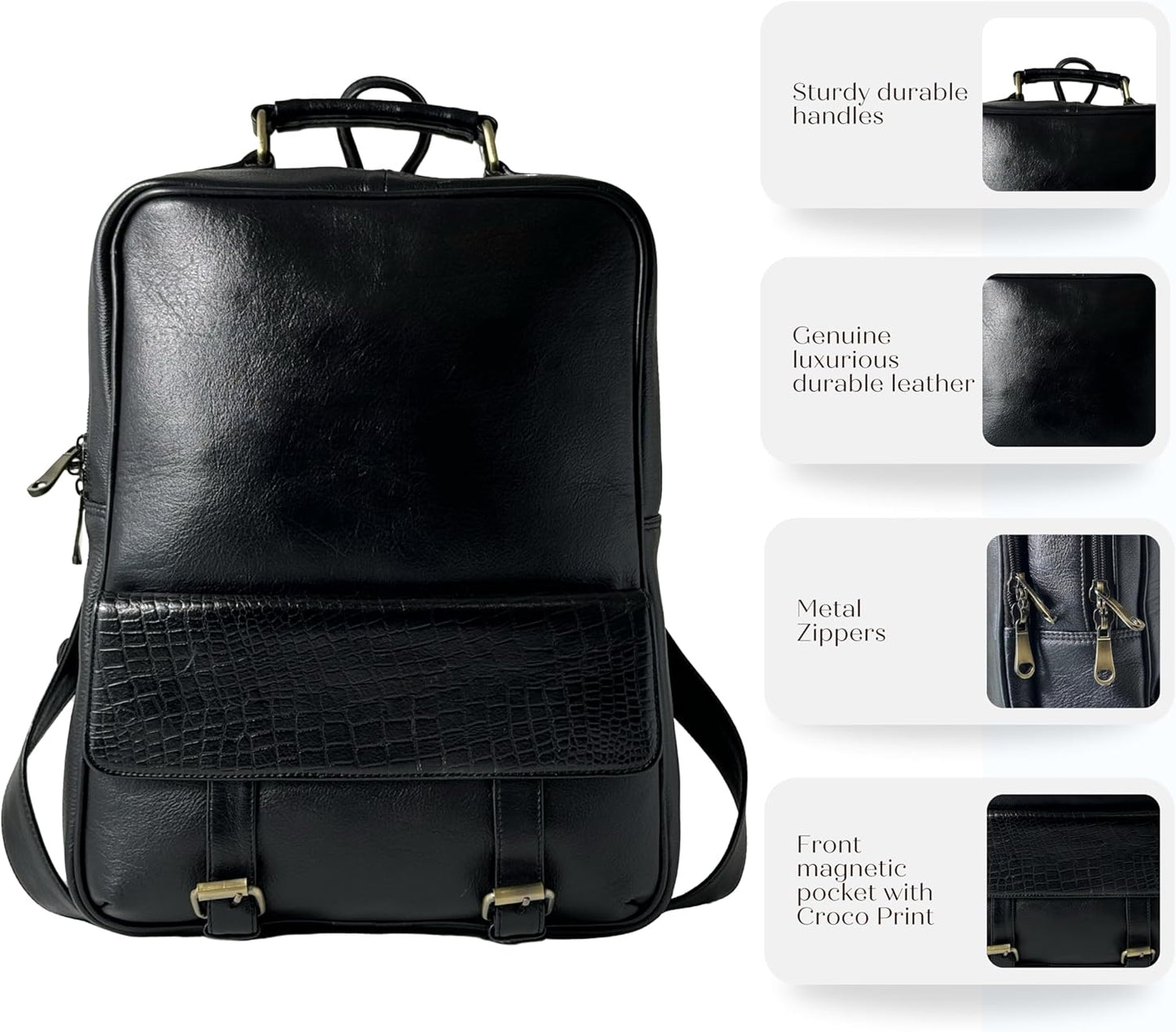 Genuine Leather Luxury Backpack Multi-functional Elegant Daypack Office Travel Leisure 15.6" Laptop Bag (Black)