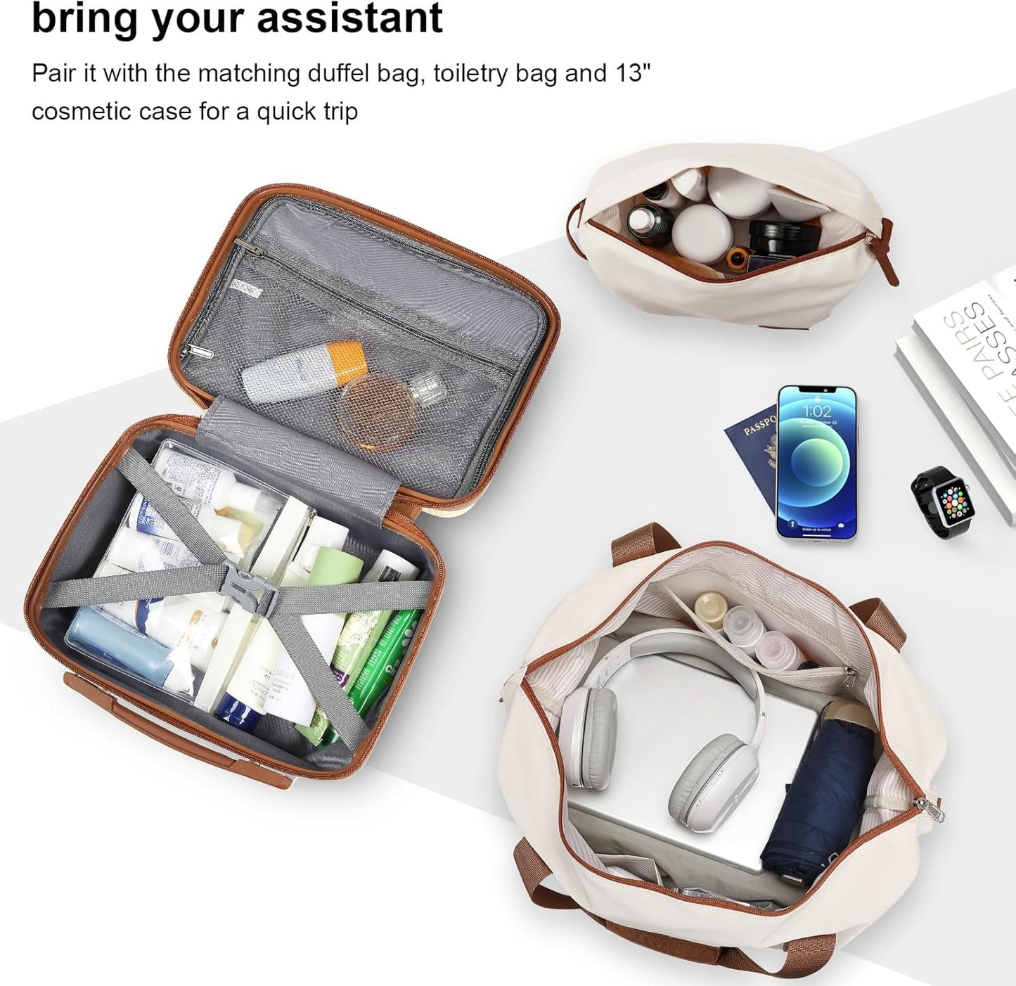 Joyway Carry On Luggage 20 Inch Expandable Suitcase with Spinner Wheel, 4 Piece Hard Shell Luggage Set with TSA Lock(White brown)
