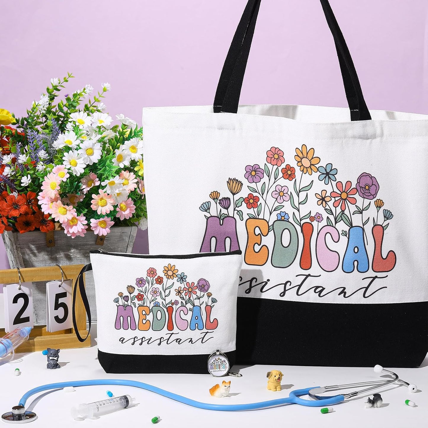 Kacctyen 3 Pcs Medical Assistant Gifts Fine Canvas Tote Bag Mental Healthy Makeup Cosmetic Bag Administrative Assistant Appreciation Keychains Gifts for Women Medical Birthday Christmas