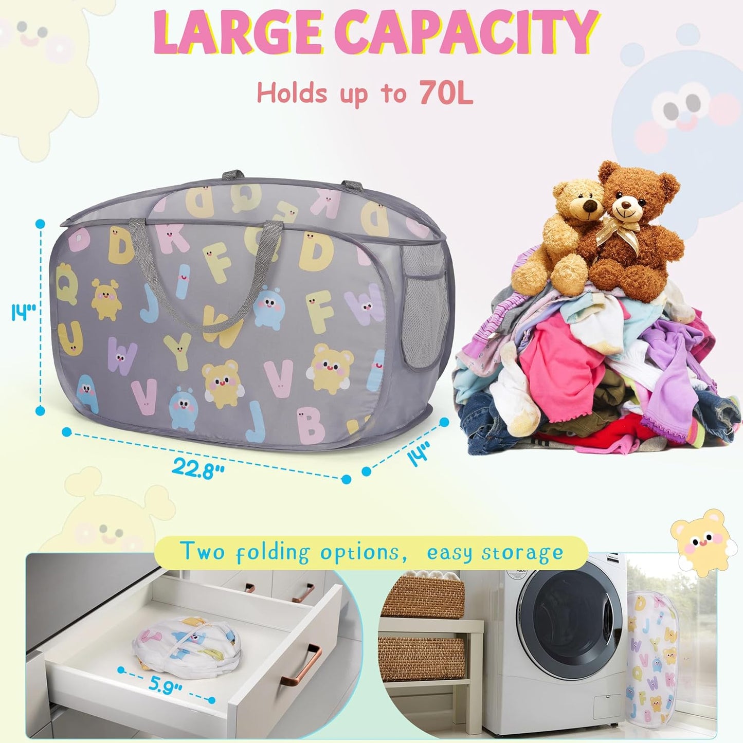 Collapsible Pop Up Hamper for Baby Clothes or Toys Storage, Mesh Hamper with Handles & Side Pocket, Multi-Use Laundry Hamper & Toy Basket, Portable for Home, Travel, Dorm (Gray-Horizontal)