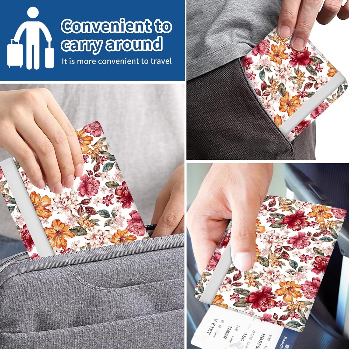 Passport Holder for Travel Essentials, Leather RFID Blocking Passport Wallet Cover Case, Cute Passport Book Holders for Women and Men Luxury Red Flowers