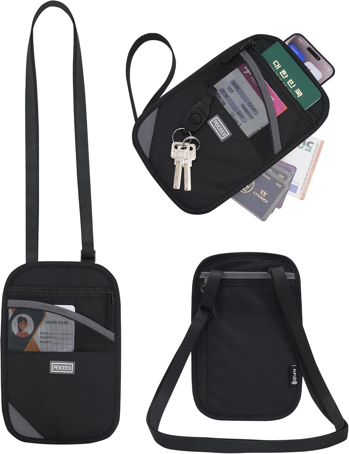 Peicees Neck Wallet, RFID Blocking Passport Holder, Easy to Conceal Travel Pouch, Grey