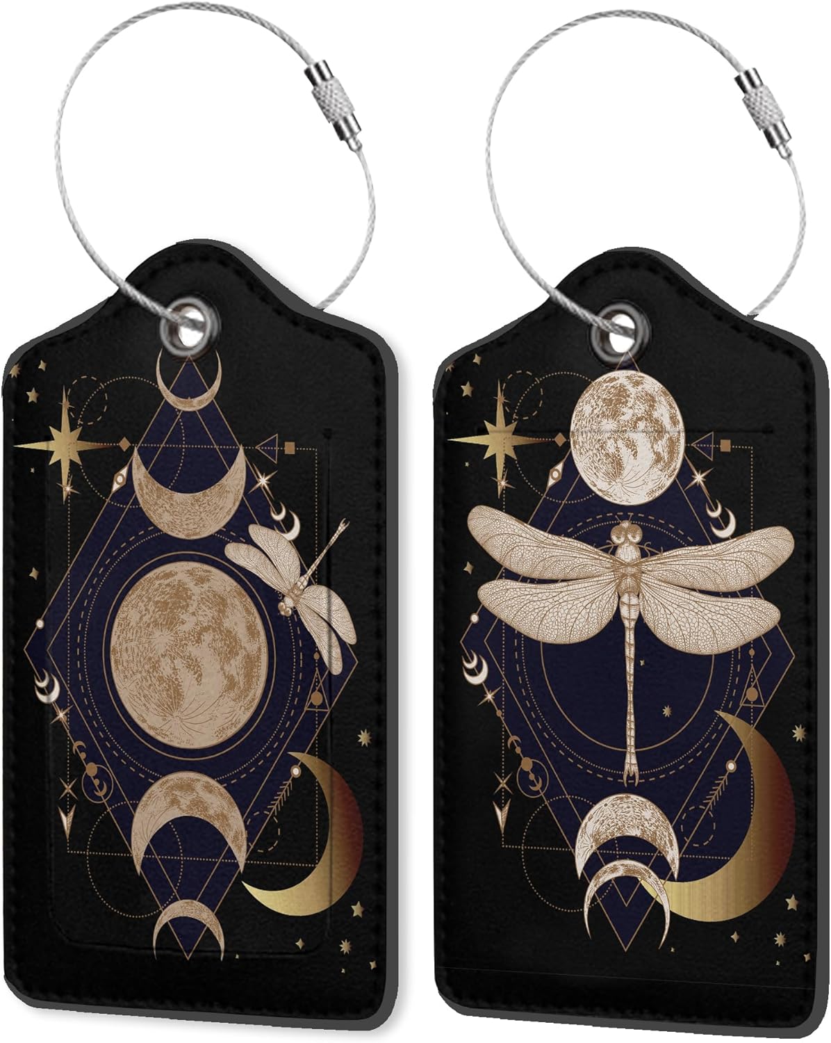 Geometric Magical Dragonflies, Moon, Stars PU Leather Luggage Tags for Suitcase, Travel 2 Pack with Privacy Flap, Name ID Label and Metal Loop for Women Men Girls Baggage Bag Backpack