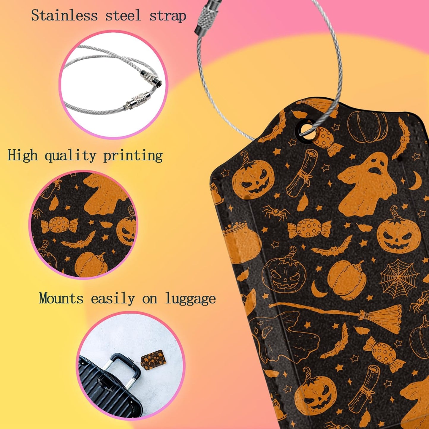 2 Pack Luggage Tags for Suitcases,Halloween Pumpkin Broom Candy Mushroom Bat Luggage Tag,Leather Stainless Steel Loop Label Tag for Women Men Girls Travel Bag Suitcase