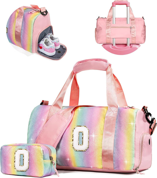 8 Year Old Girl Birthday Bift-Girl Gym Bag with Shoe Compartment, Kid Personalized Weekender Overnight Bags, Initial Travel Tote with Makeup Pouch, Gift Ideas for Niece Sister (Letter O)