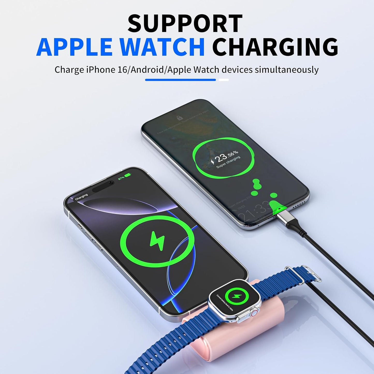 ZBF Portable Charger, 5000mAh Pocket-Size Power Bank, 20W PD Fast Charging with Built-in USB-C Charging Port, Travel Battery Pack for Apple Watch Ultra SE/11/10/9/8 Phone 17/16/15 etc. (Light Pink)