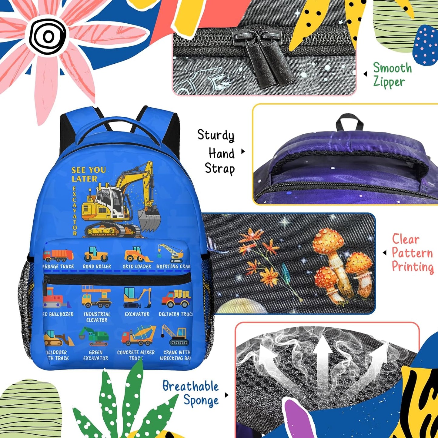 Excavator Kids Backpack for Boys Girls Elementary Schoolbag Kindergarten Bookbags Preschool School Bag Toddler Book Bags Travel Bag Hiking Camping Rucksack Daypack for Students Back to School Gifts