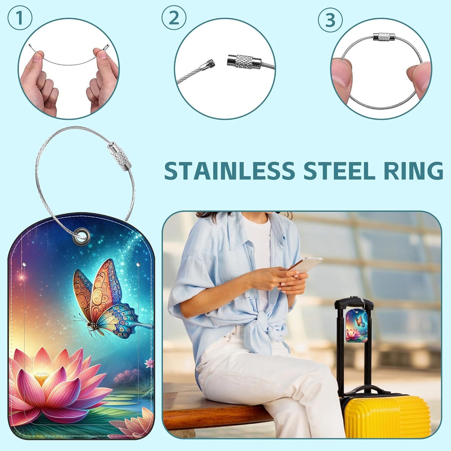 2 Pack Cute Luggage Tag for Suitcases Magic Butterflies Leather Luggage Tags with Stainless Steel Loop Privacy Flap Name Tags,Men and Women Travel Bag Suitcase Tags