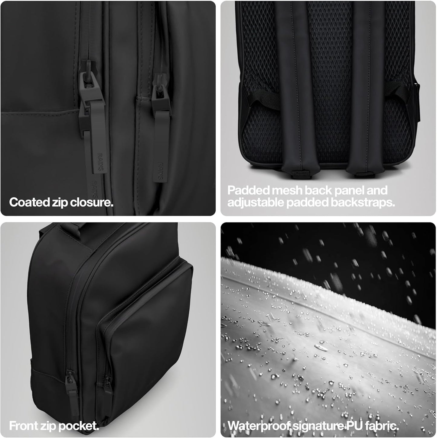 RAINS Book Daypack - Black Laptop Backpack for Men and Women, Waterproof Black Minimalist Commuter Bag with 15” Laptop Room, Front Zip Pocket - 2 Year Warranty