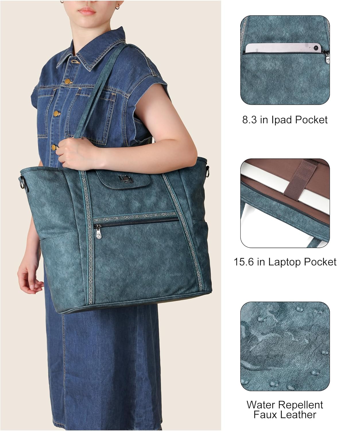 FADEON Large Laptop Tote Bag for Women Designer Leather Laptop Bag Fashion Travel Backpack Purse Shoulder Handbag