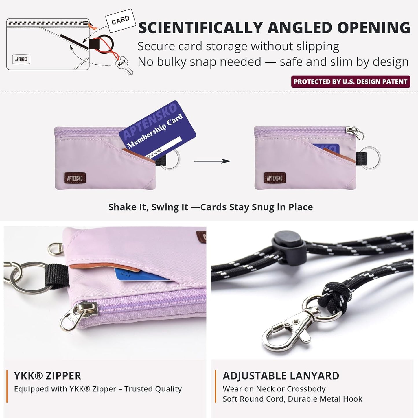 RFID Travel Wallet with Adjustable Lanyard-Zipper Small Wallet with ID Card Holder, Keychain for women&men-Minimalist Slim Waterproof Nylon case for ID, Cash, Key (Soft Lilac)