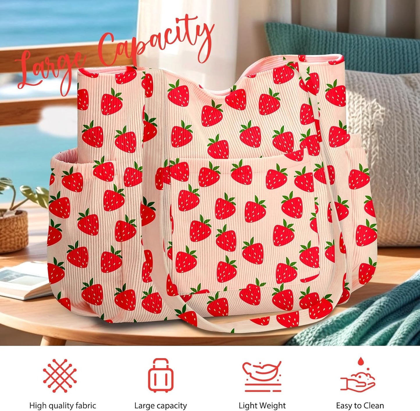 Corduroy Tote Bag for Women,Large Capacity Cute Tote Bags With 6 Pockets,Crossbody Shoulder Handbag for Work Travel Gym