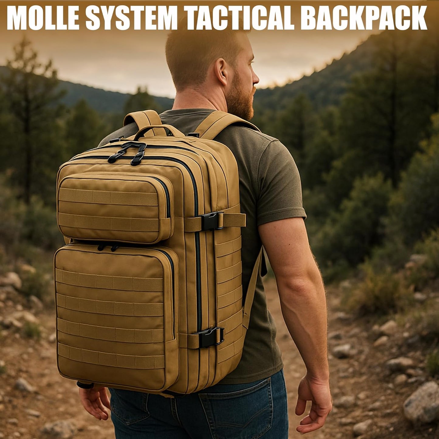 Rucking Backpack for Men, 45L Large Capacity Tactical Military Backpack with Molle Webbing, Durable 900D Oxford Hiking Camping Rucksack