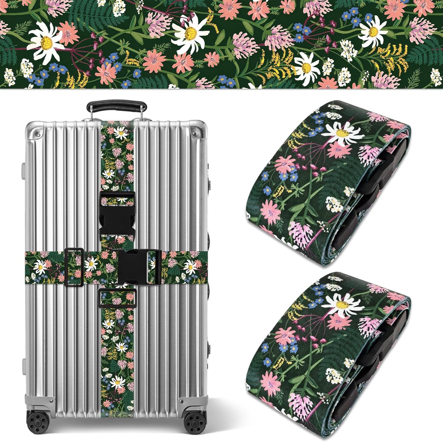 Wildflowers Luggage Straps for Suitcases TSA Approved, Luggage Identifiers for Suitcase, Adjustable Suitcase Strap for Baggage Security with Cute Patten, Travel Necessary Accessories (2Pack)