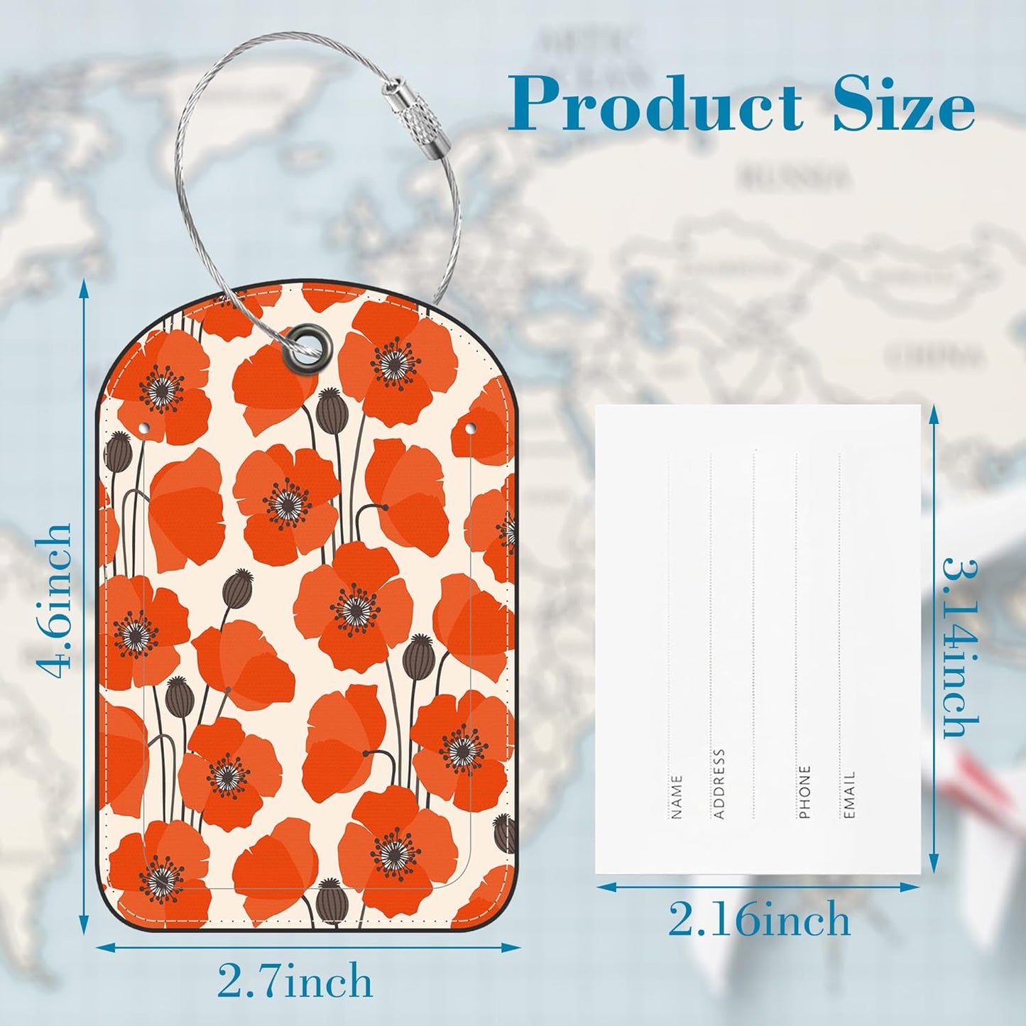 2 Pack PU Luggage Tags for Suitcase, Vintage Poppy Flower Suitcase Tag Leather ID Label Bag Tags with Privacy Cover and Metal Loop for Men Women Travel Bag