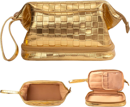 Abiudeng Large Capacity Makeup Bag Ladies Cosmetic Bag Travel Bag with Compartments Portable PU Leather Travel Makeup Bag with Handle