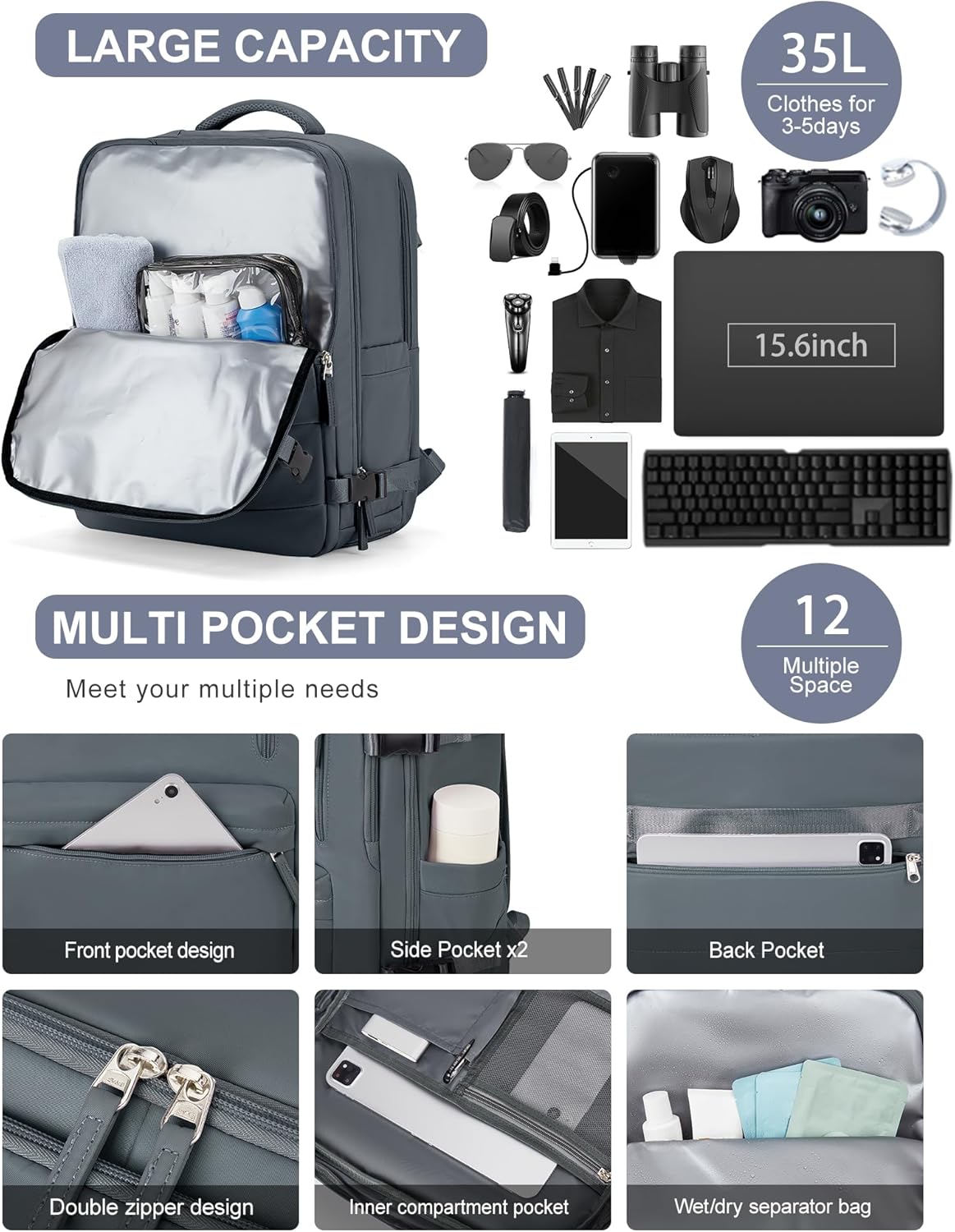 VGCUB Lightweight Travel Backpack for Women Men,Carry on Backpack Flight Approved Luggage,Water Resistant Laptop College Work Backpack Personal Item Daypack Bookbag Mochila de Viaje,Grey blue