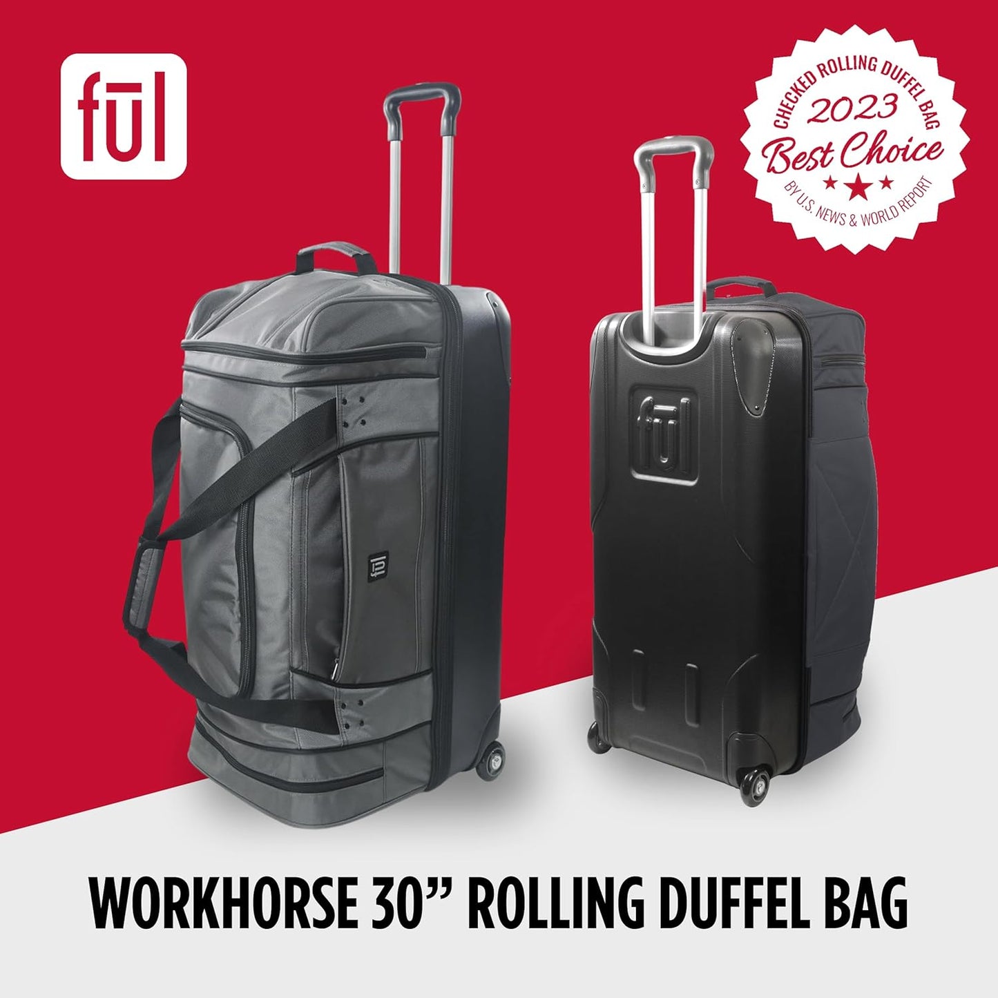 FUL Workhorse 30 Inch Rolling Duffel Bag, Checked Travel Luggage with Hardshell Base and Wheels