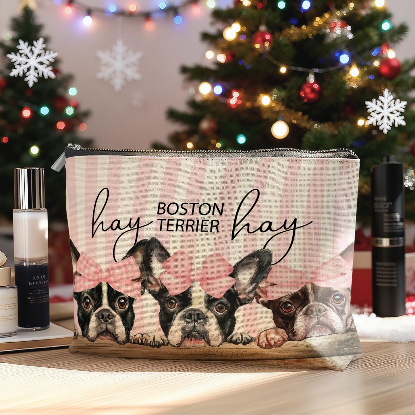 Coquette Pink Bow Boston Terrier Makeup Bag Gifts for Women, Boston Terrier Lover Gifts Cosmetic Bag, Rustic Preppy Girly Dog Striped Zipper Makeup Pouch Travel Toiletry Bag