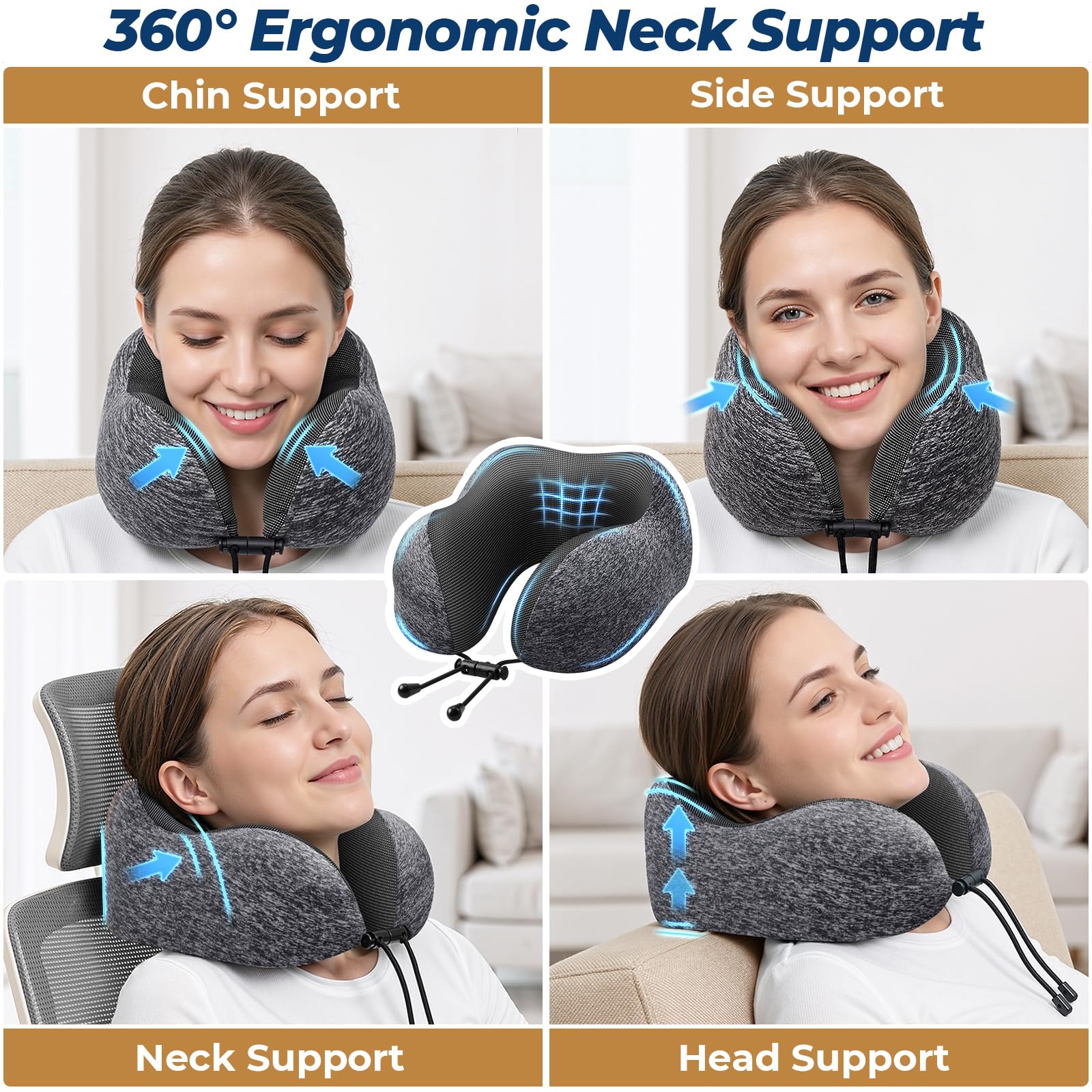 ExploreBliss Travel Pillow, Memory Foam Neck Pillow Airplane, Grey