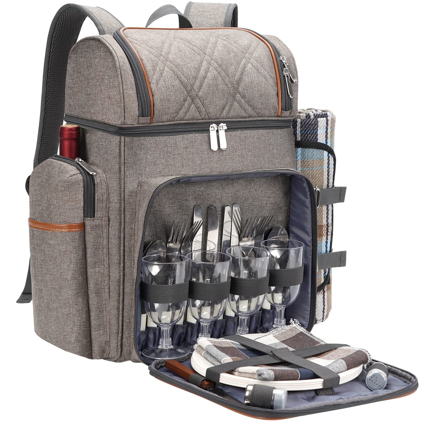 Picnic Backpack for 4, Insulated Cooler Bag with Blanket, BrushedKhaki
