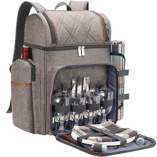 Picnic Backpack for 4, Insulated Cooler Bag with Blanket, BrushedKhaki