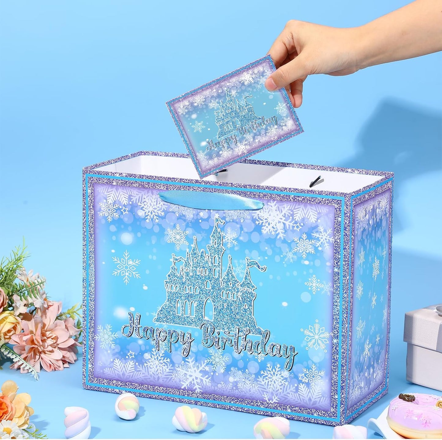 Frozen Birthday Gift Bag with Greeting Card and Tissue Paper Large Snowflake Castle Party Favor Bags Frozen Birthday Wrapping Paper Bags Treat Candy Bags with Handle for Bday Christmas Winter Gift