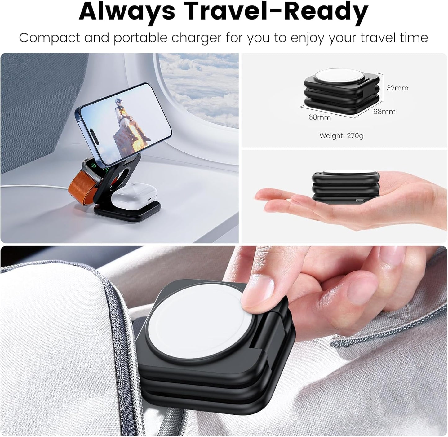 KU XIU X55 Plus 3 in 1 Charging Station for Apple Devices, Magnetic Foldable Wireless Charger 15W Fast Charging Pad for iPhone 16/15/14/13/12, for Apple Watch, for AirPods 3/2/Pro- Black