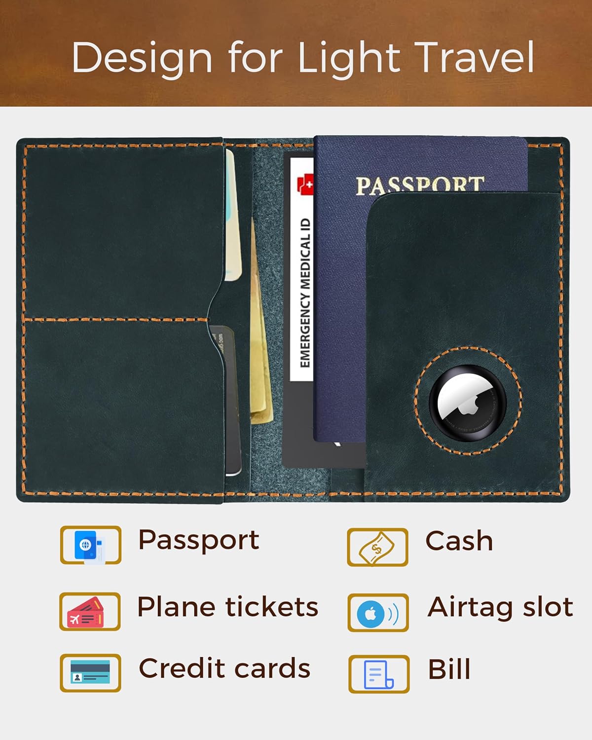 Passport Holder for Travel, Airtag Genuine Leather Passport Holder, Passport Cover Wallet Case for Women Men, Travel Essentials Gift, Blue