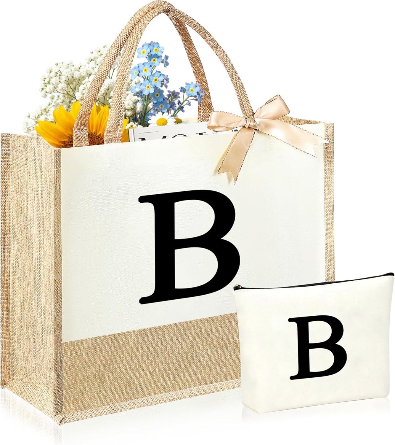 Initial Canvas Tote Bag & Makeup Bag for Women Teacher Bridesmaids，Personalized Present for Wedding, Birthday, Beach