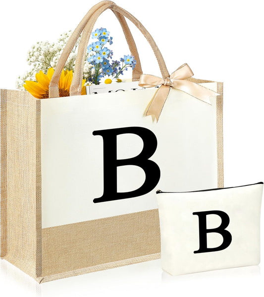 Initial Canvas Tote Bag & Makeup Bag for Women Teacher Bridesmaids，Personalized Present for Wedding, Birthday, Beach