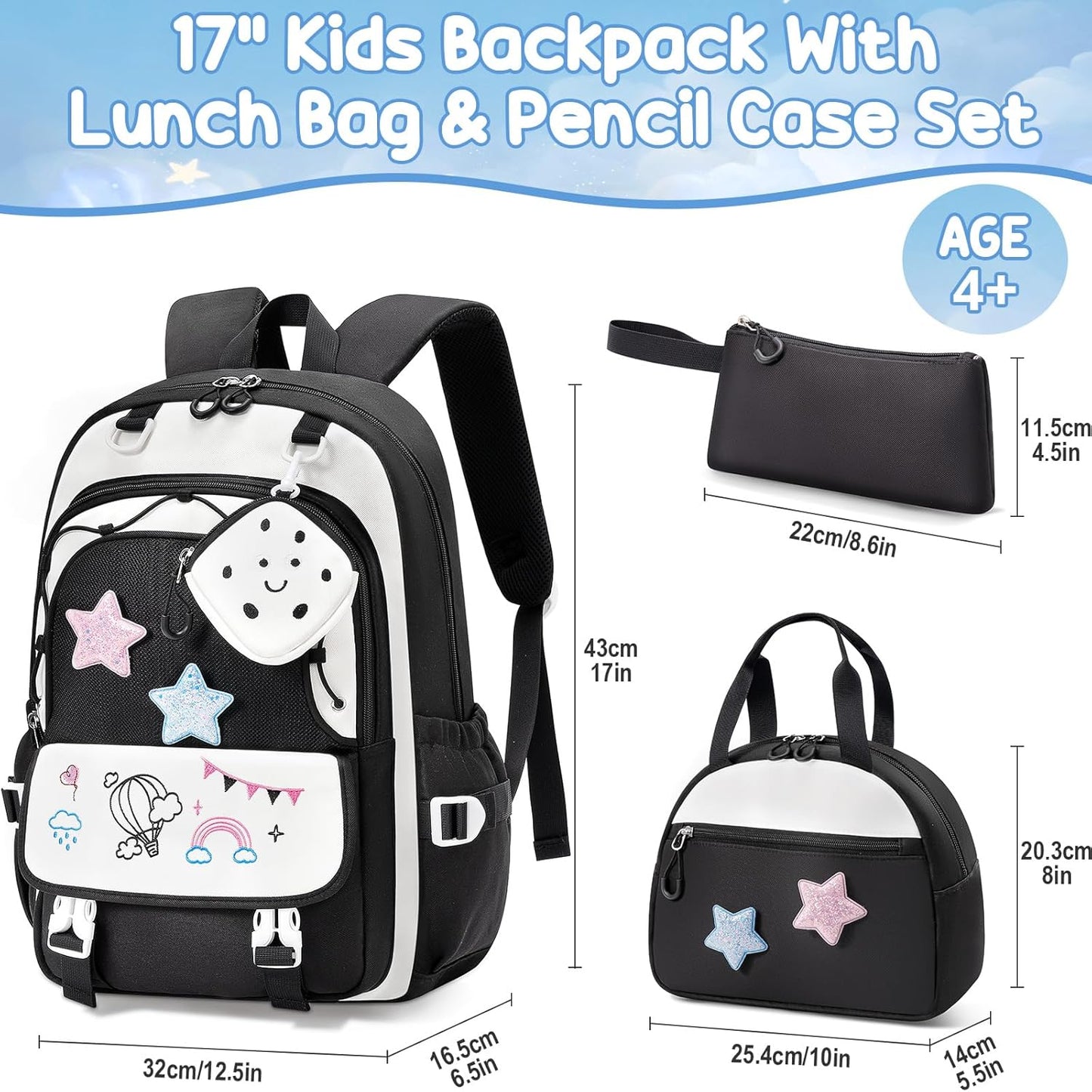 Fimibuke Kids Backpack for Girls, 4 PCS Waterproof Teen Girls Backpack with Lunch Box, Pencil Case & Headphone Bag Set